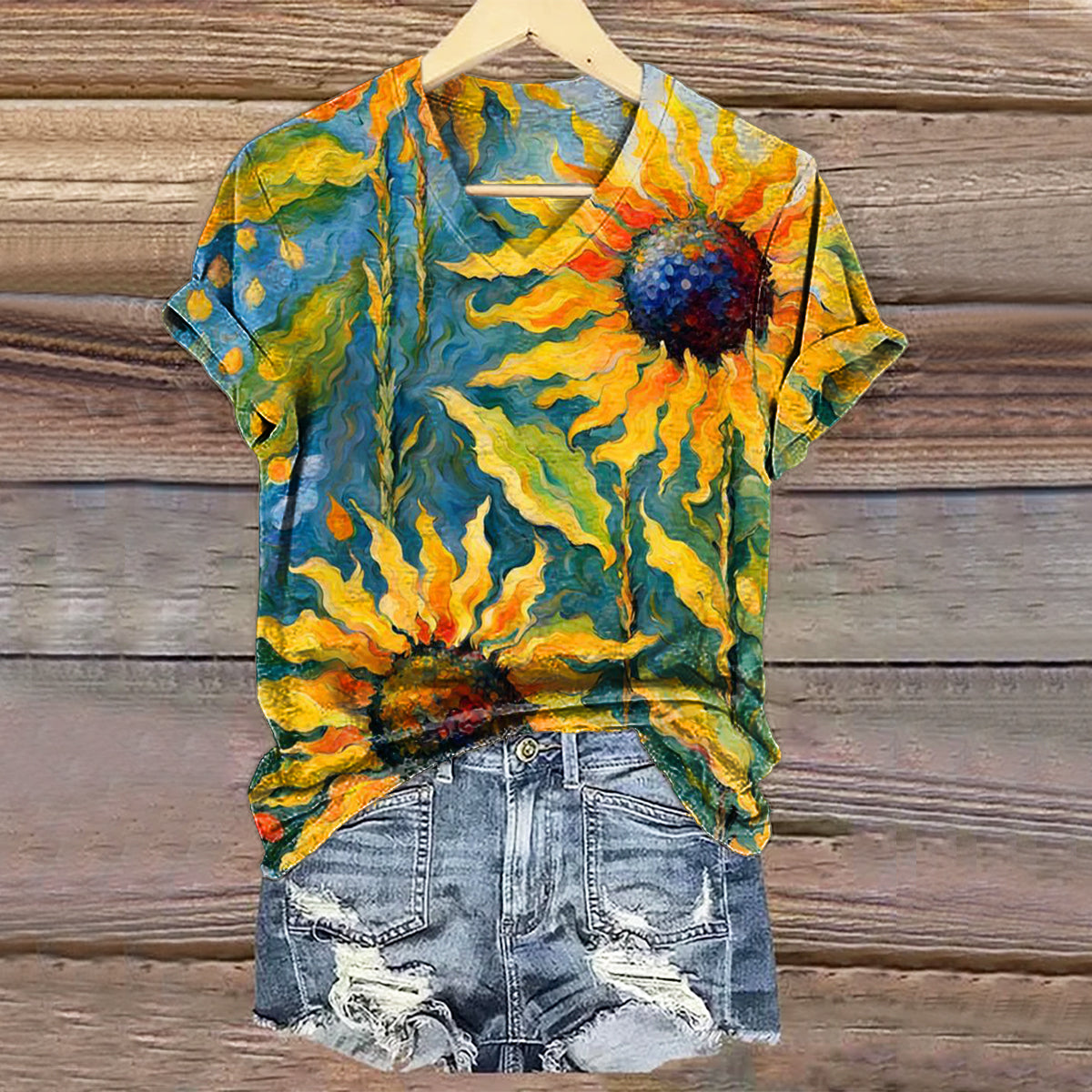 Women's Bohemian Sunfloral Art Print V-neck Casual T-Shirt