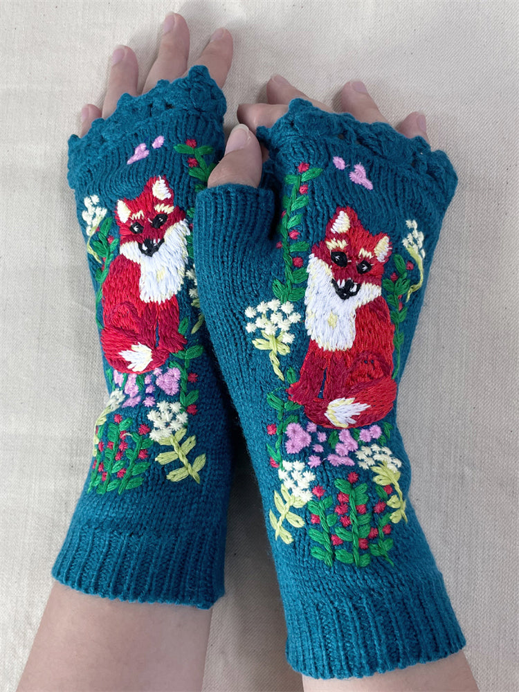 Forest Fox Floral Cozy Knit Gloves artswardrobe