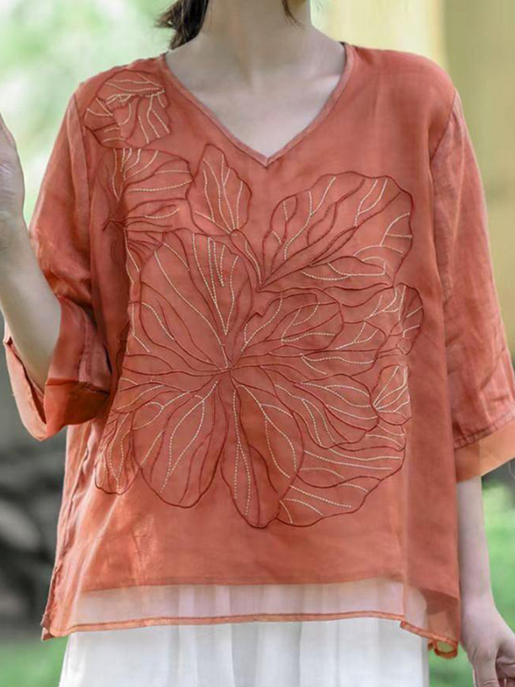 Comstylish Women's Floral Embroidery Linen Blend V-Neck Shirt