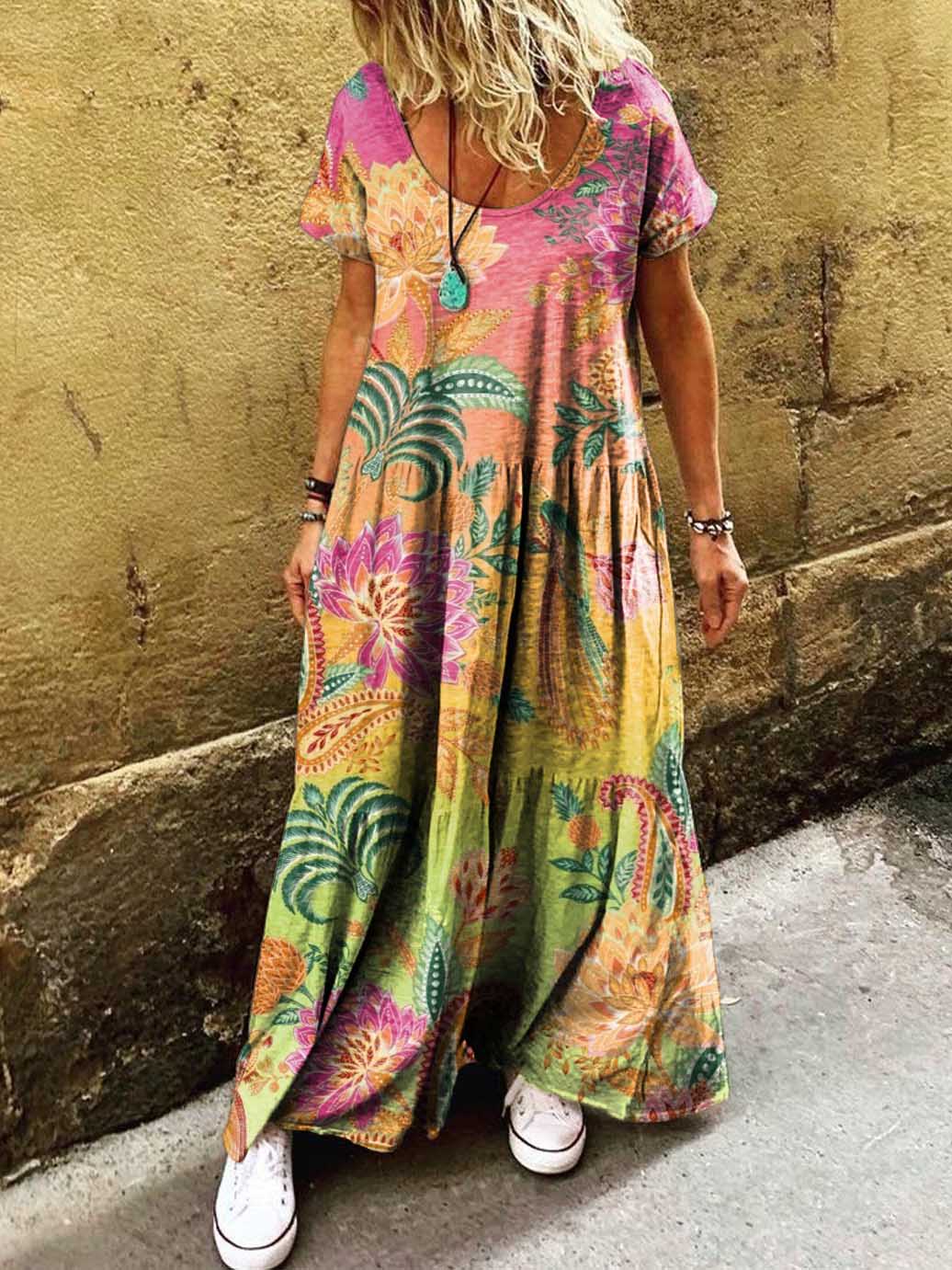 Women's Floral Art Print Pocket Short Sleeve Cotton Dresses