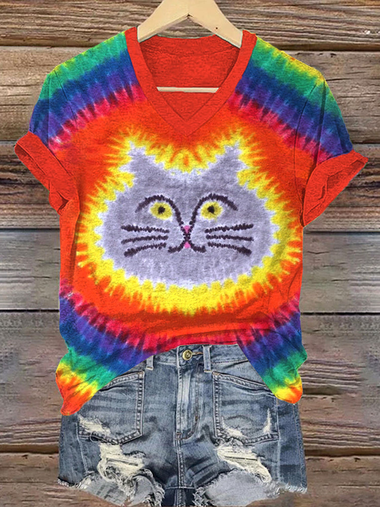 Cat Pattern Tie Dye Art V-Neck T-Shirt artswardrobe