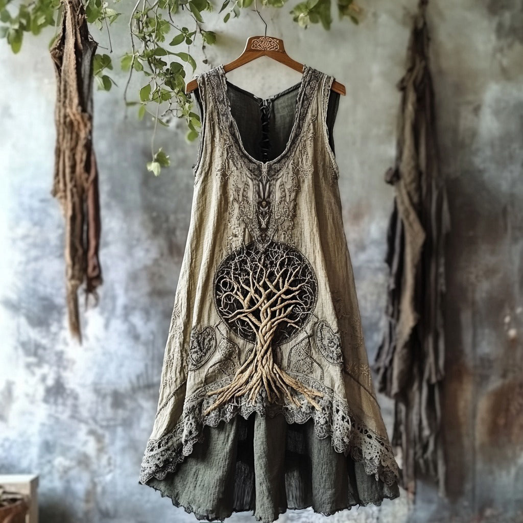 Tribal Life Of Tree Celtic Embroidery Art Linen Tank Dress artswardrobe