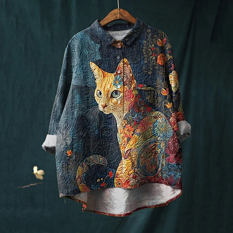 Comstylish Women's Animal Cat Art Print Casual Cotton and Linen Shirt