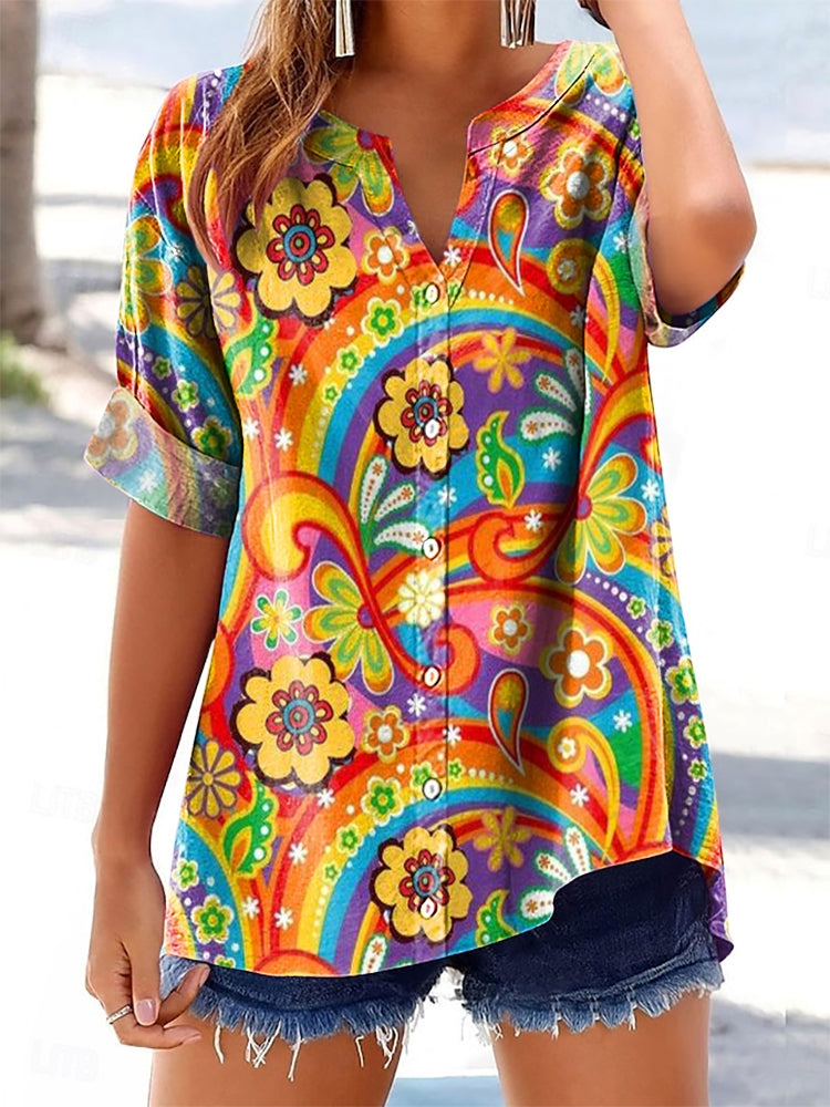 Women's Rainbow Floral Power Art Print Short Sleeve Cotton and Linen S