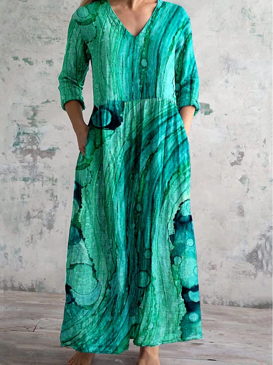 Women's Crew Neck Fluid Art Print Graphic Dress with Pockets