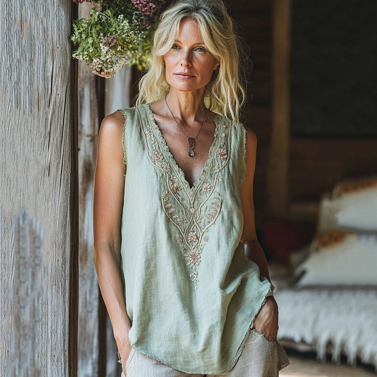 Women's Bohemian Vintage Floral Embroidery Art Tank Top artswardrobe