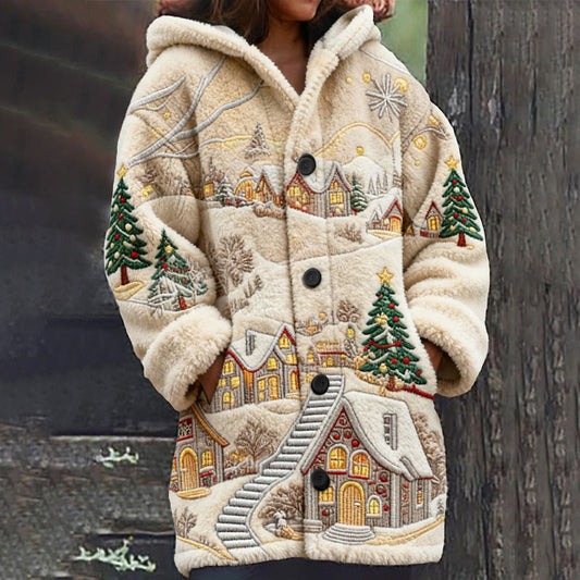 Vintage Christmas Snow Valley Embroidered Women's Knit Hooded Cardigan