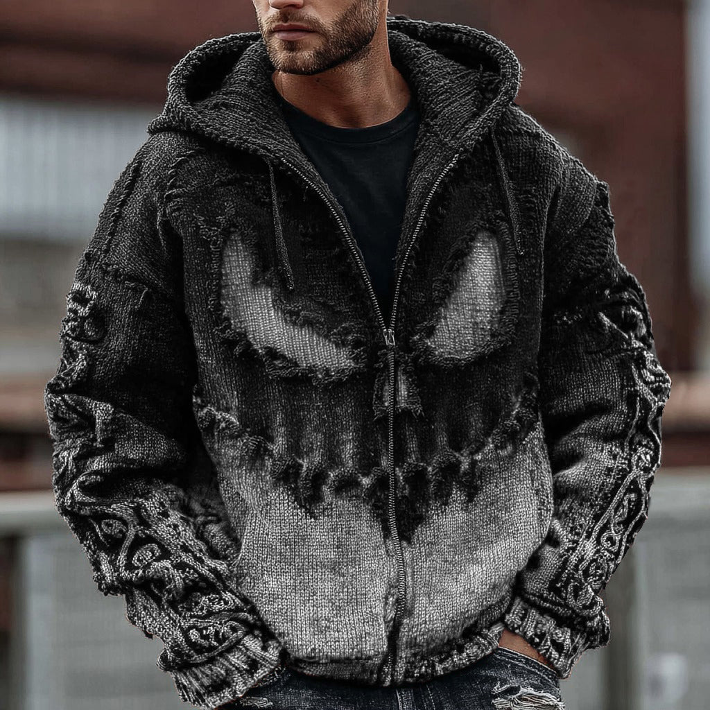 Men's Halloween Spooky Face Gradient Inspired Knitted Distressed Zipper Up Hooded Sweater artswardrobe