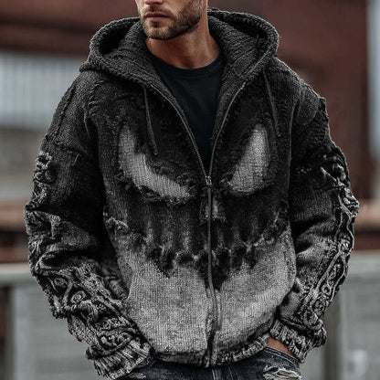 Men's Halloween Spooky Face Gradient Inspired Knitted Distressed Zipper Up Hooded Sweater artswardrobe