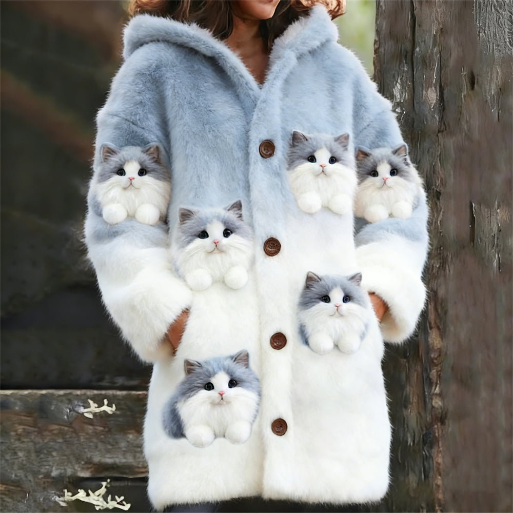 Comstylish Cute Plush Cats Gradient Women's Hooded Plush Cardigan