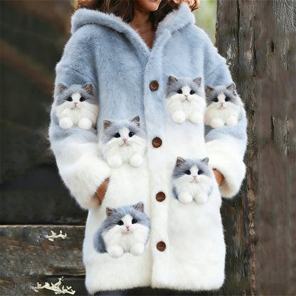Comstylish Cute Plush Cats Gradient Women's Hooded Plush Cardigan