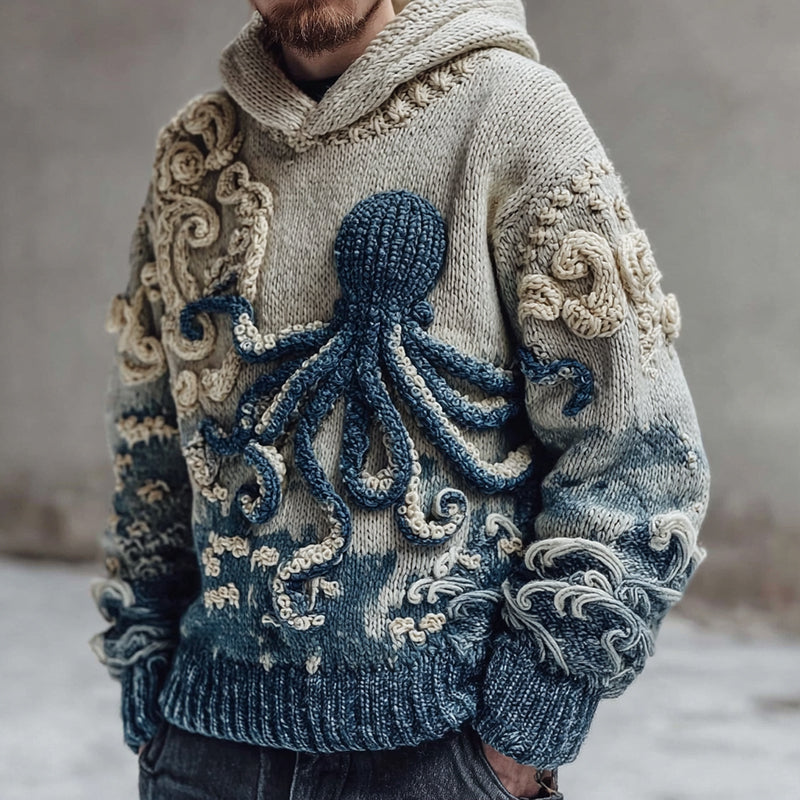 Men's Japanese Octopus Art Cozy Knit Hooded Sweater elevenforest