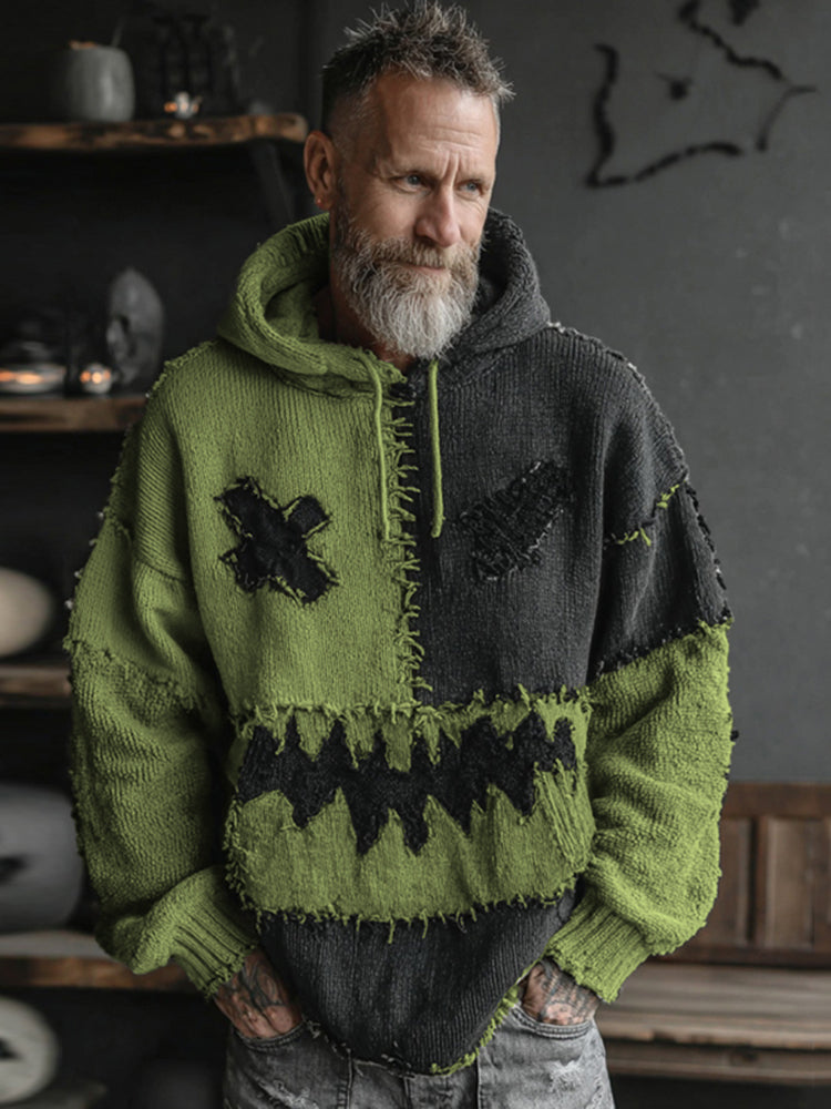 Men's Halloween Spooky Face Colorblock Stitched Hooded Cozy Knit Sweater artswardrobe