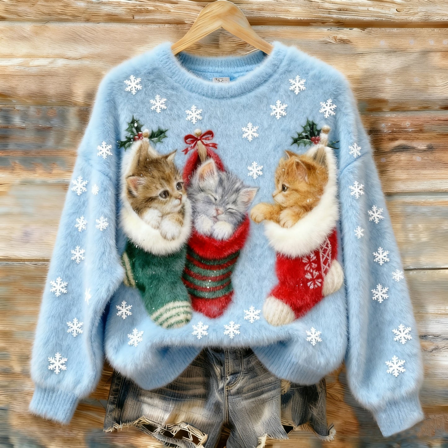Comstylish Vintage Christmas Stocking Kitten Art Women's Cozy Plush Sweater