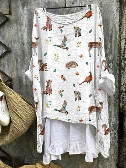 Forest Animals Print Linen Blend Vintage Shirt artswardrobe
