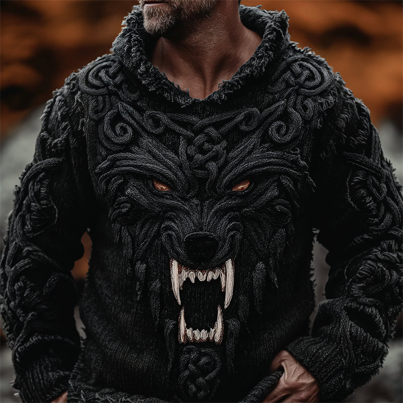 Men's Viking Evil Wolf With Fangs Celtic Chunky Hooded Sweater artswardrobe