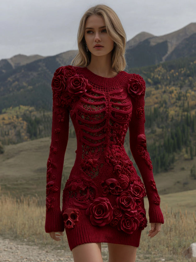 Women's Vintage Halloween Skeleton Skull With Rose Art Cozy Sweater Dress artswardrobe