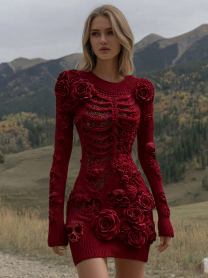 Women's Vintage Halloween Skeleton Skull With Rose Art Cozy Sweater Dress artswardrobe