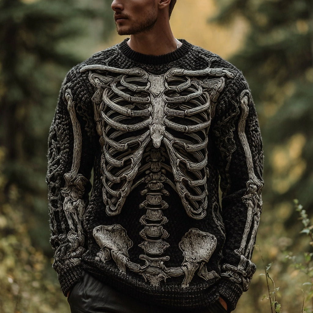 Men's Vintage Halloween Skeleton Cozy Knit Sweater artswardrobe