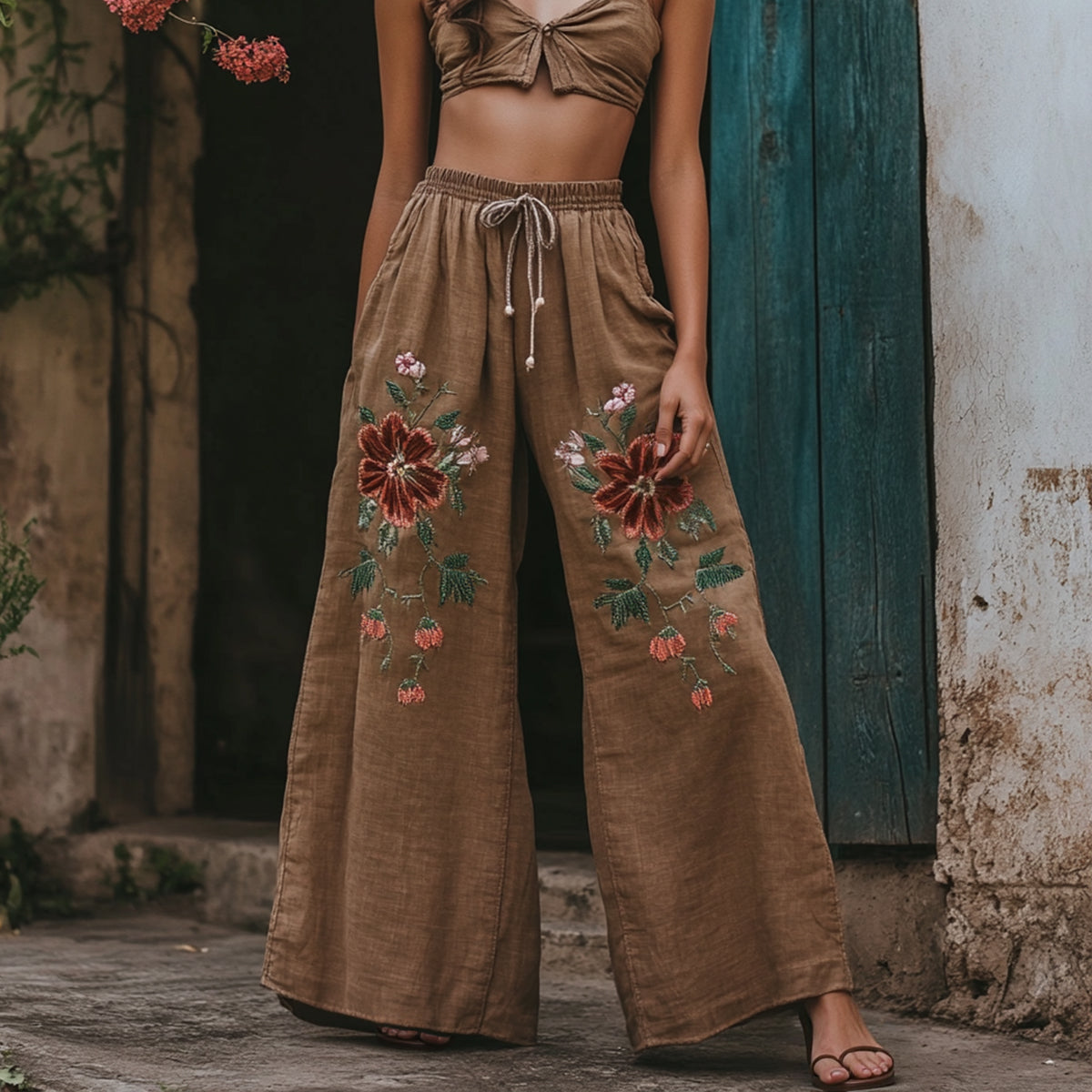Women's Vintage Floral Embroidered Pattern Loose Linen Blend Pants artswardrobe