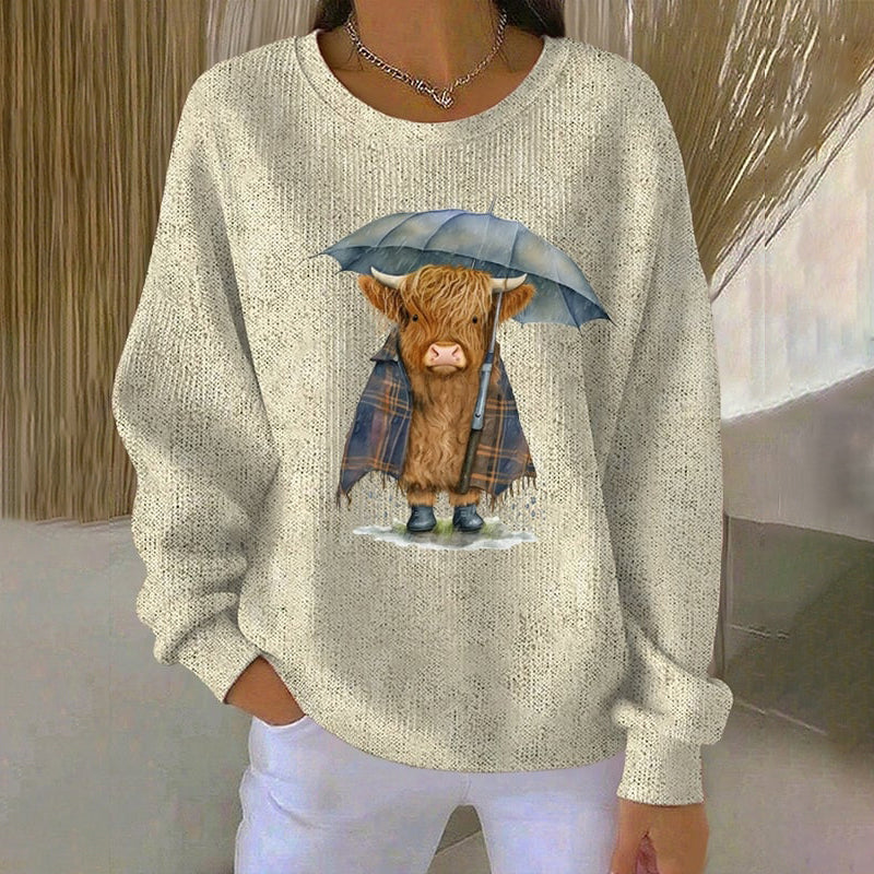 Women's Vintage Highland Cow Print Casual Crew Neck Sweatshirt artswardrobe