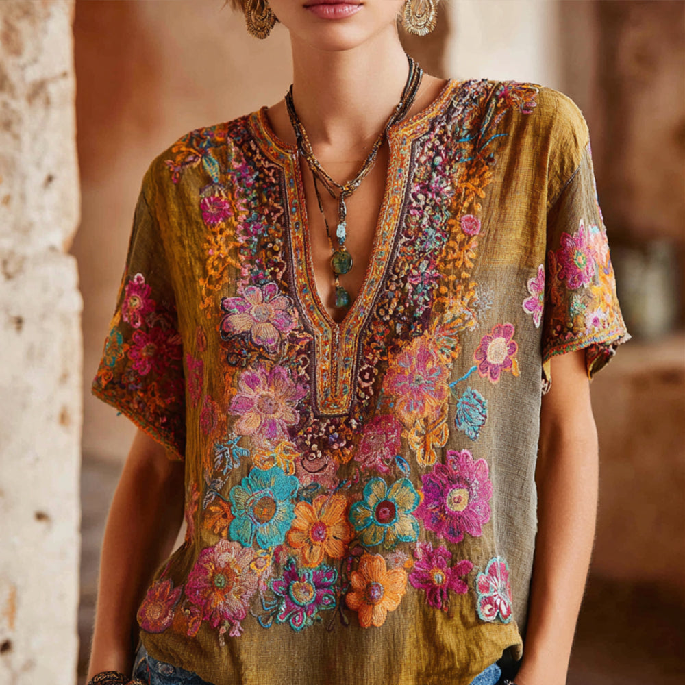Bohemian Multi-colored Flower Three-dimensional Embroidery Vintage V-neck Short-sleeved Shirt artswardrobe