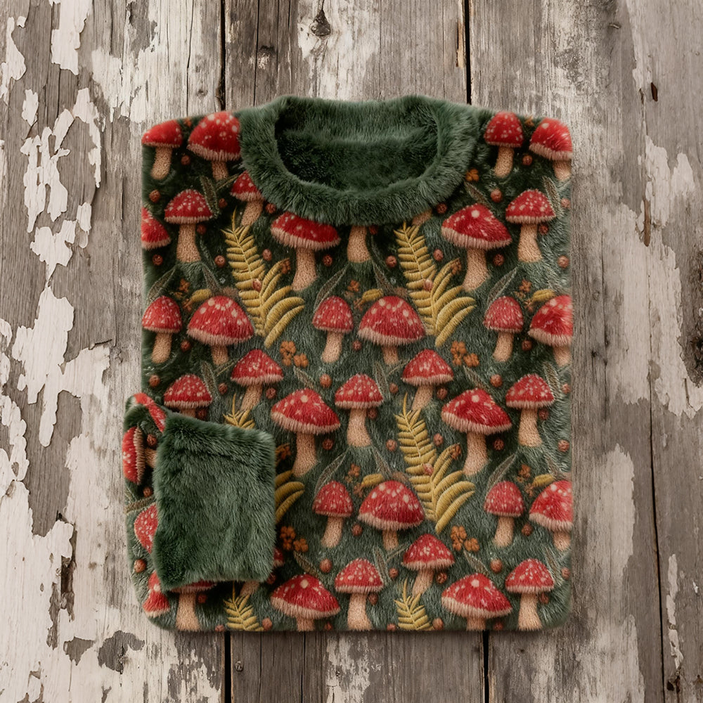 Comstylish Vintage Beaded Mushroom Embroidered Cozy Plush Sweatshirt