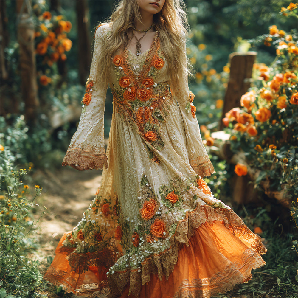 Vintage Lace Boho Floral Embroidery Fall Women's V-neck Long Sleeve Maxi Dress artswardrobe