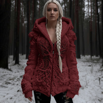 Women's Viking Tree Of Life Cable Knit Zip-up Hooded Sweater artswardrobe