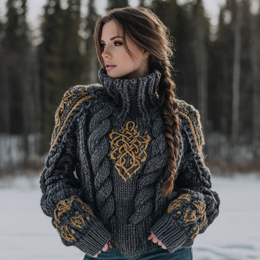Women's Viking Celtic Knot Jacquard Warm Turtleneck Sweater artswardrobe