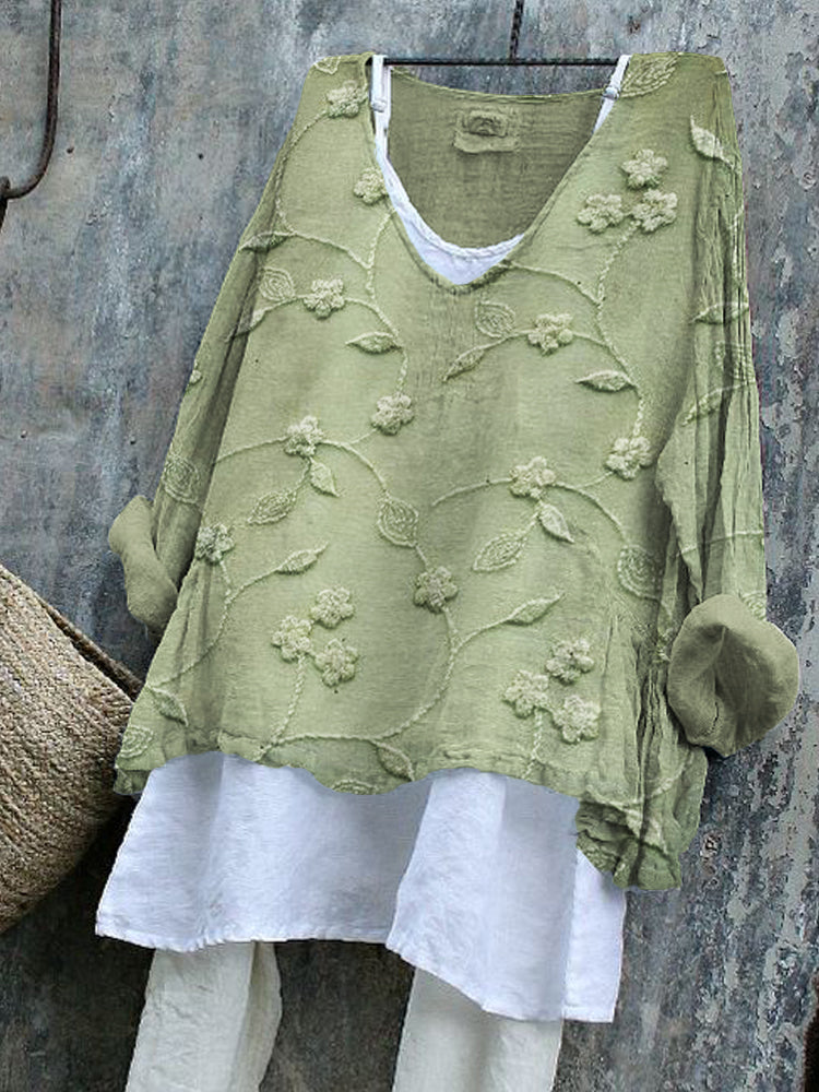 Comstylish Classy Floral Embroidered Flowy Linen Blend Tunic