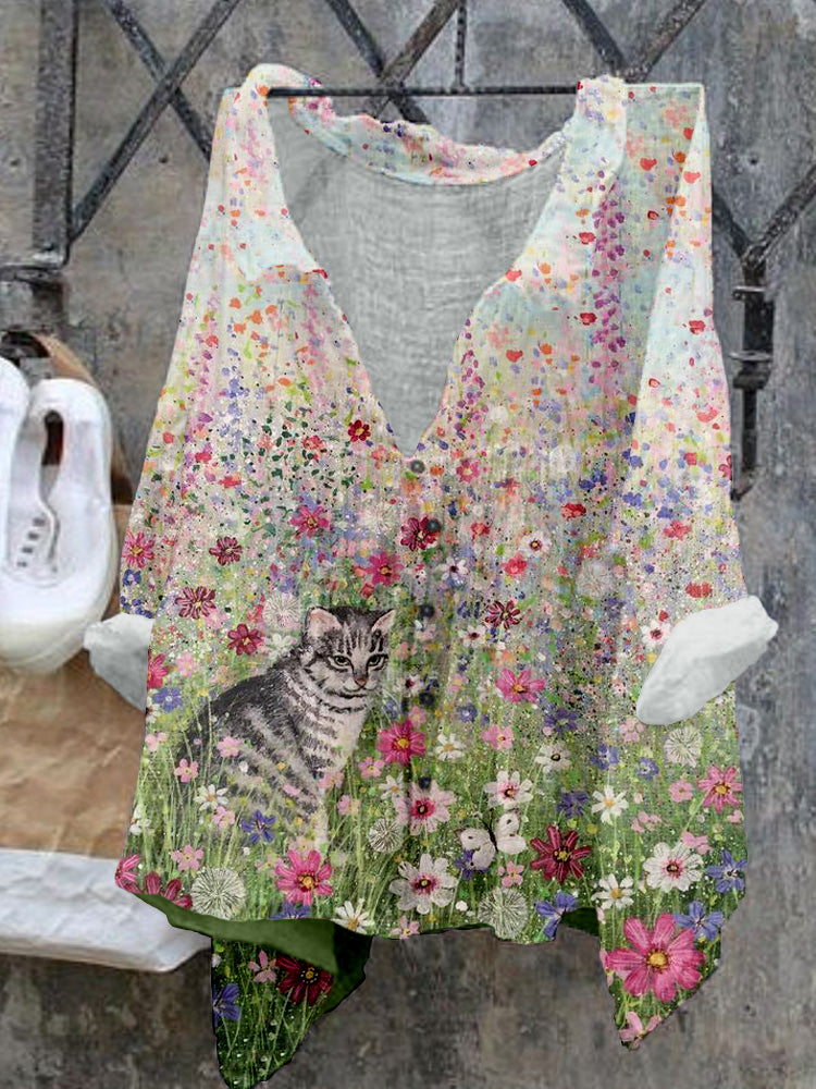 Cute Cats in Flowers Pattern Cozy Flowy Shirt elevenforest