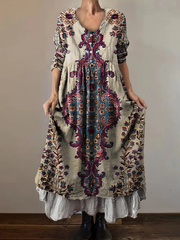 Women's Vintage Ethnic Floral Art Print V-Neck Button Pocket Cotton Dr