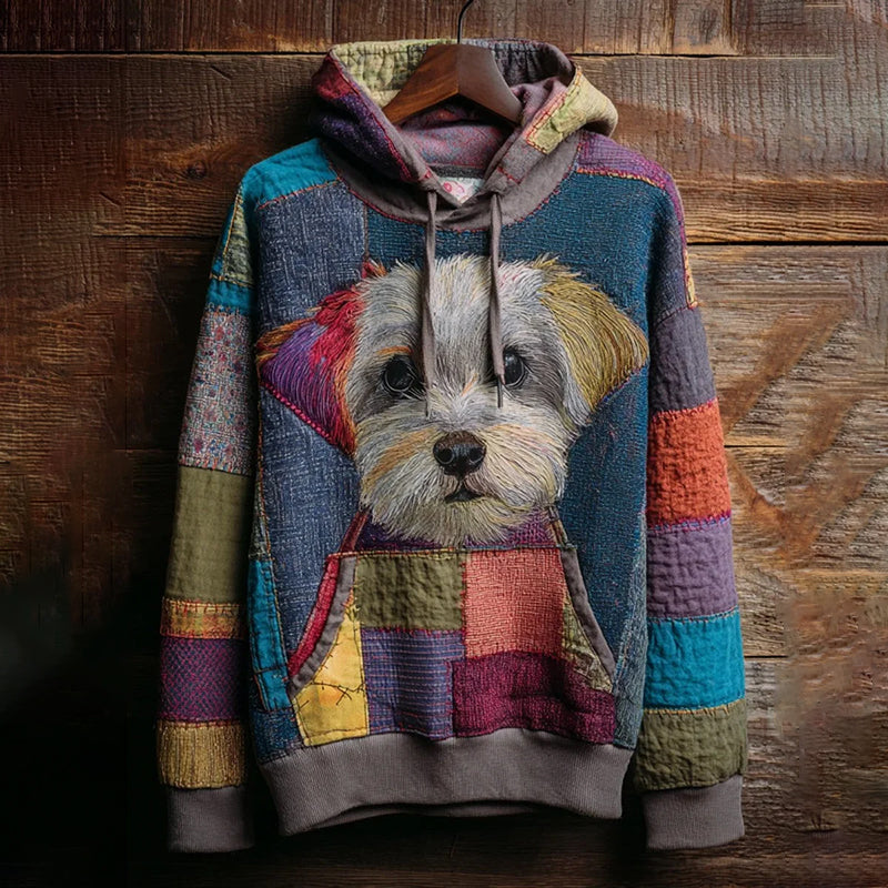 Comstylish Vintage Lovely Cute Yorkshire Terrier Patchwork Inspired Washed Hoodie