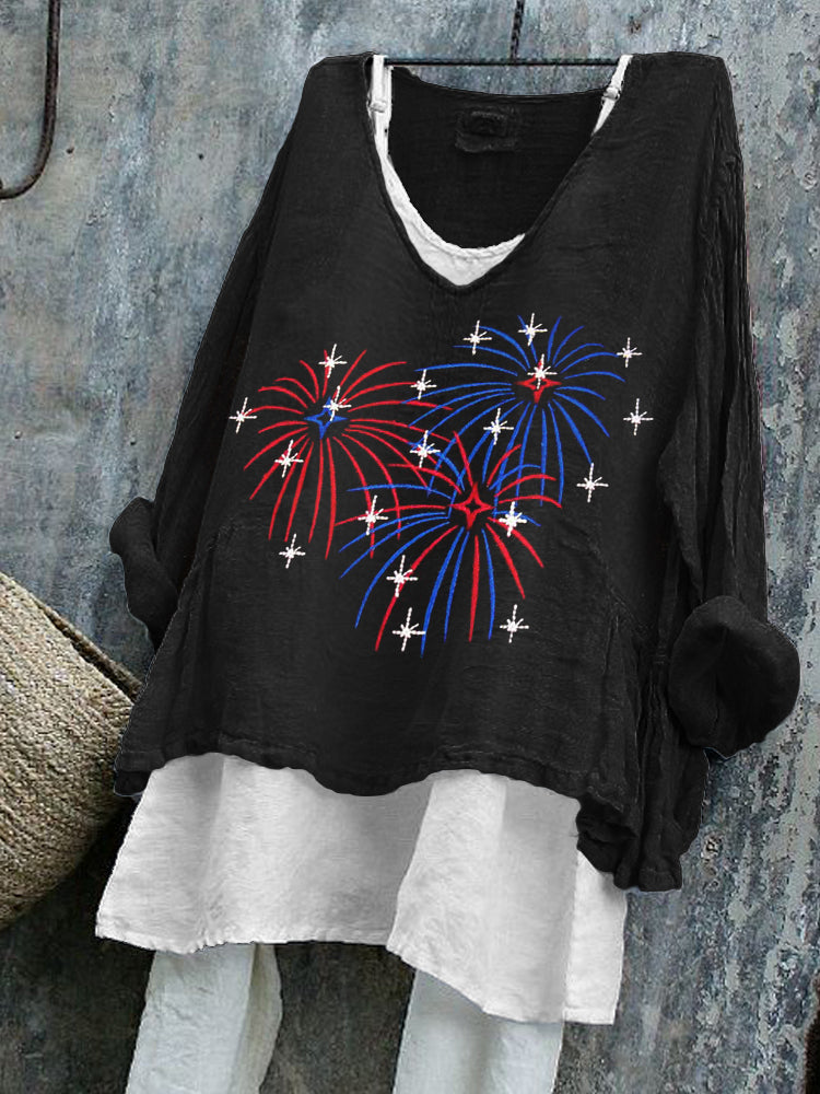 Comstylish 4th Of July American Flag Fireworks Embroidered Linen Tunic