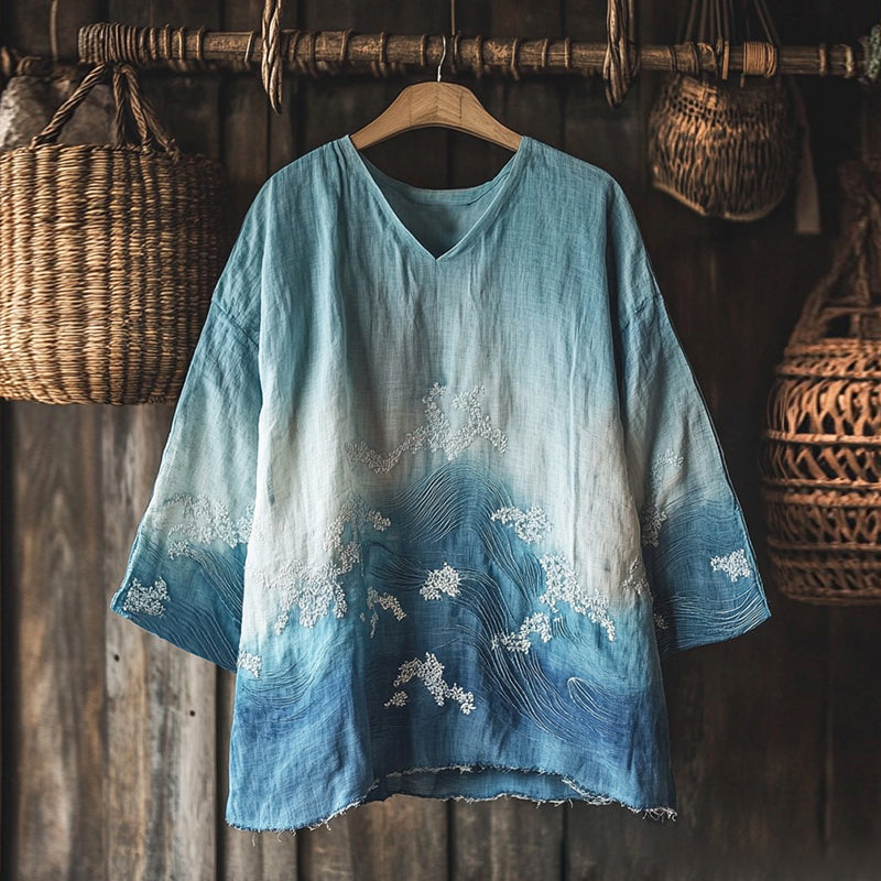 Comstylish Vintage Waves Inspired Embroidery Japanese Art Linen Blend Cozy Tunic
