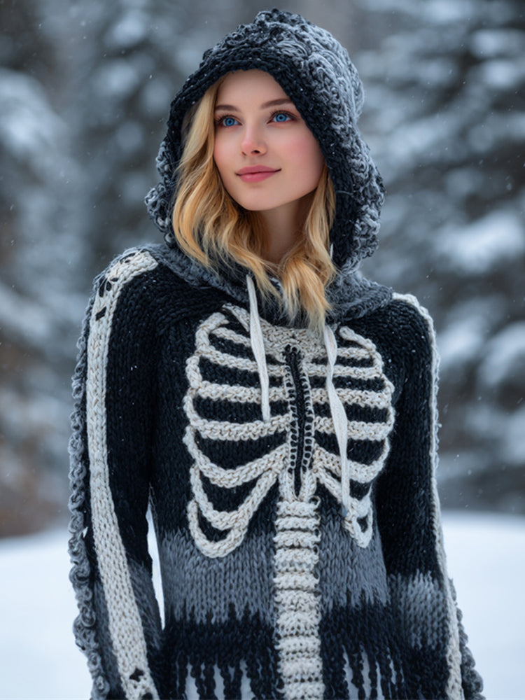 Day Of The Dead Skeleton Women's Knit Hooded Sweater elevenforest