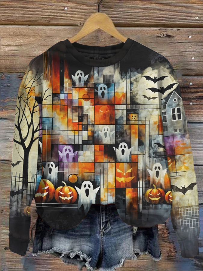 Women's Halloween Pumpkin Ghost Print Sweatshirt artswardrobe
