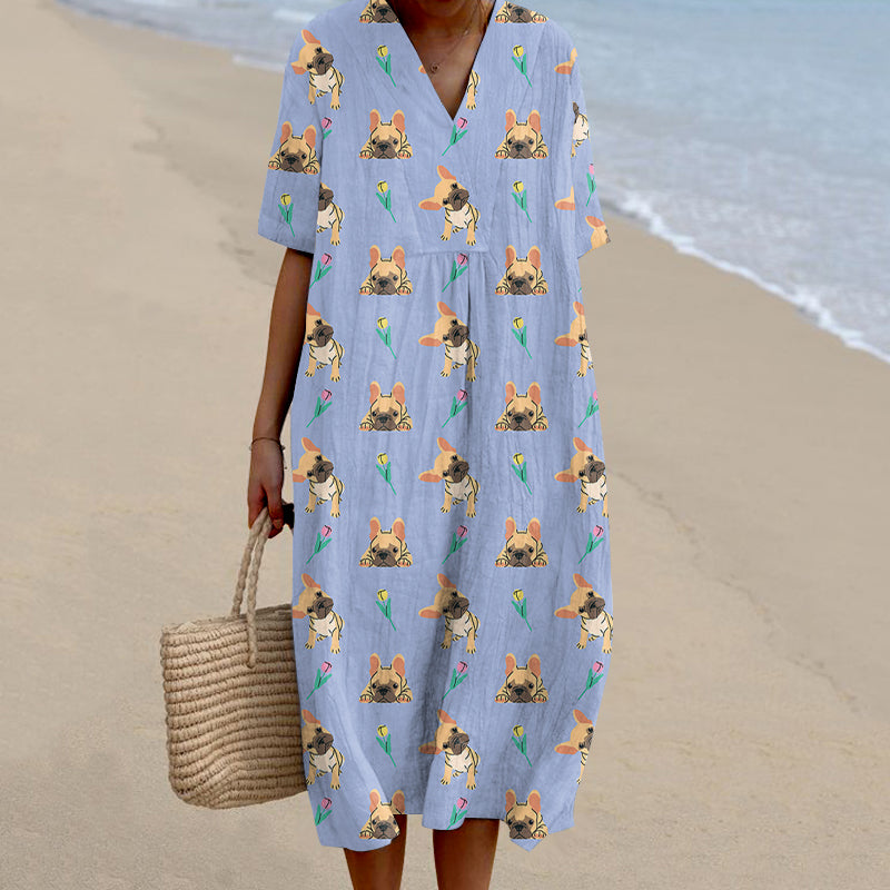 Cute Dog Art Linen Short Sleeves Midi Dress artswardrobe