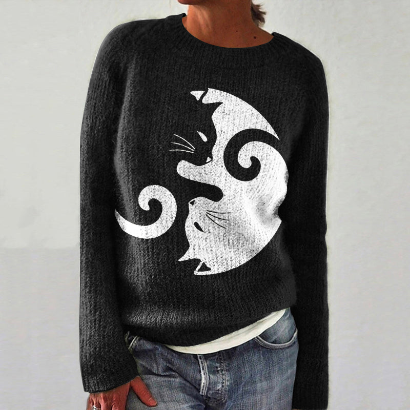 Comstylish Abstract Creative Black And White Cats Painting Art Print Knitted Pullover Sweater
