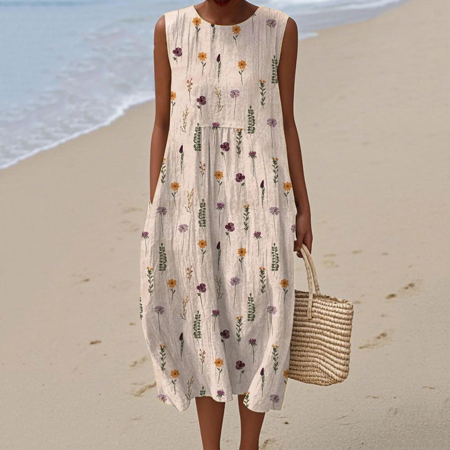 Women's Vintage Floral Print Sleeveless Cotton Dress artswardrobe