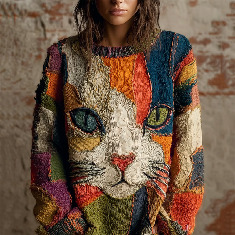 Vintage Abstract Cat Face Colorblock Patchwork Cozy Knit Sweater elevenforest