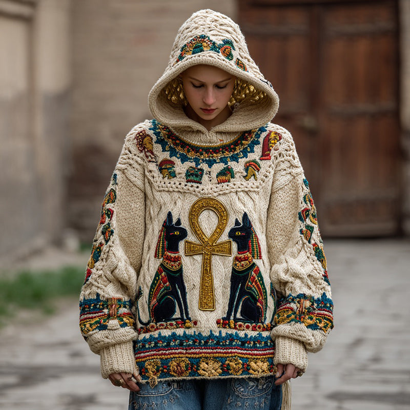 Women's Ancient Egyptian Ankh And Black Cat Art Knitted Warm Hooded Sweater artswardrobe
