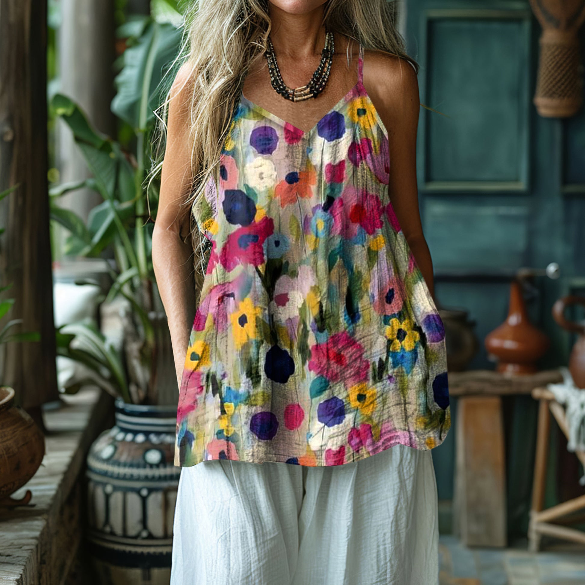 Vintage Floral Art V-neck Casual Tank Top artswardrobe