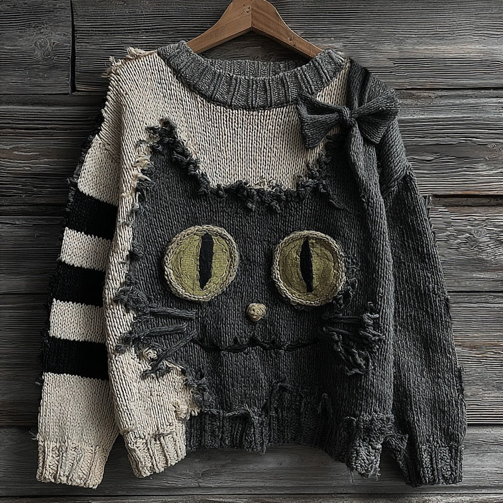 Halloween Cute Black Cat Striped Knitted Crew Neck Sweater artswardrobe