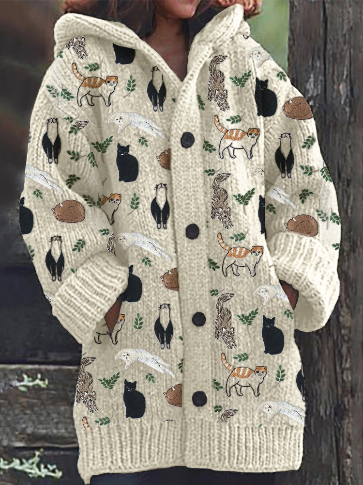 Cats & Leaves Embroidery Pattern Cozy Hooded Cardigan artswardrobe