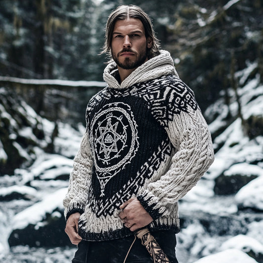 Men's Viking Tribal Jacquard Celtic Knotwork Vintage  Rune Inspired Chunky Knit Hooded Sweater elevenforest