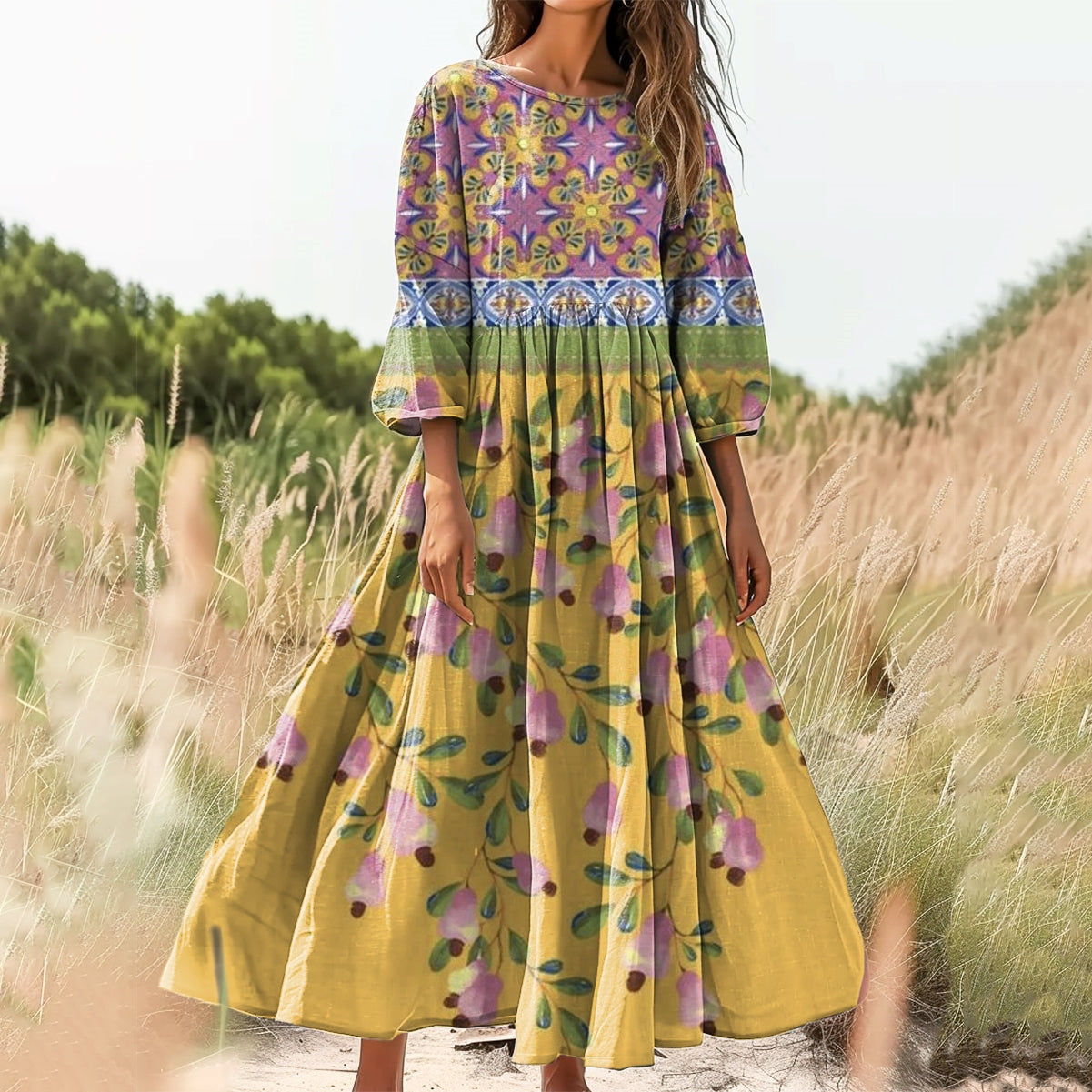 Women's Floral Art Print Cotton Crew Neck Dress