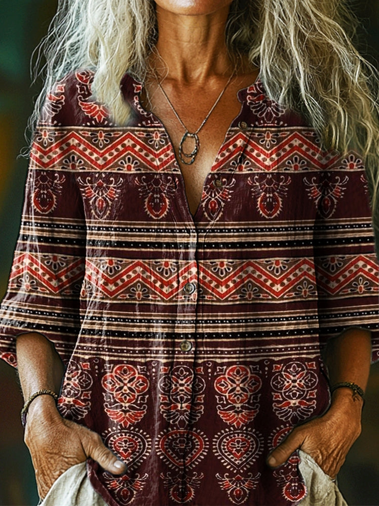 Women's Retro Ethnic Totem Collage Art Print Casual Cotton Linen Shirt