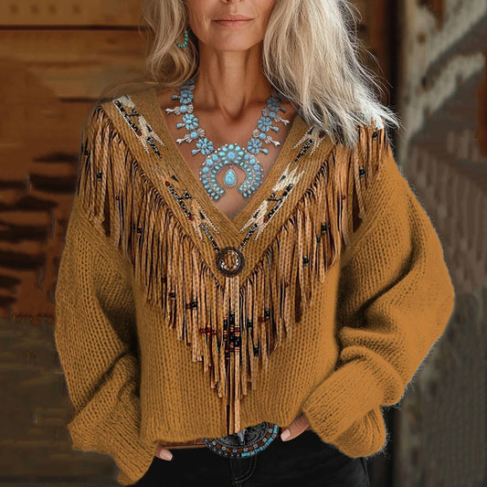 Women's Vintage Tribal Tassels Art Print V-neck Cozy Sweater artswardrobe